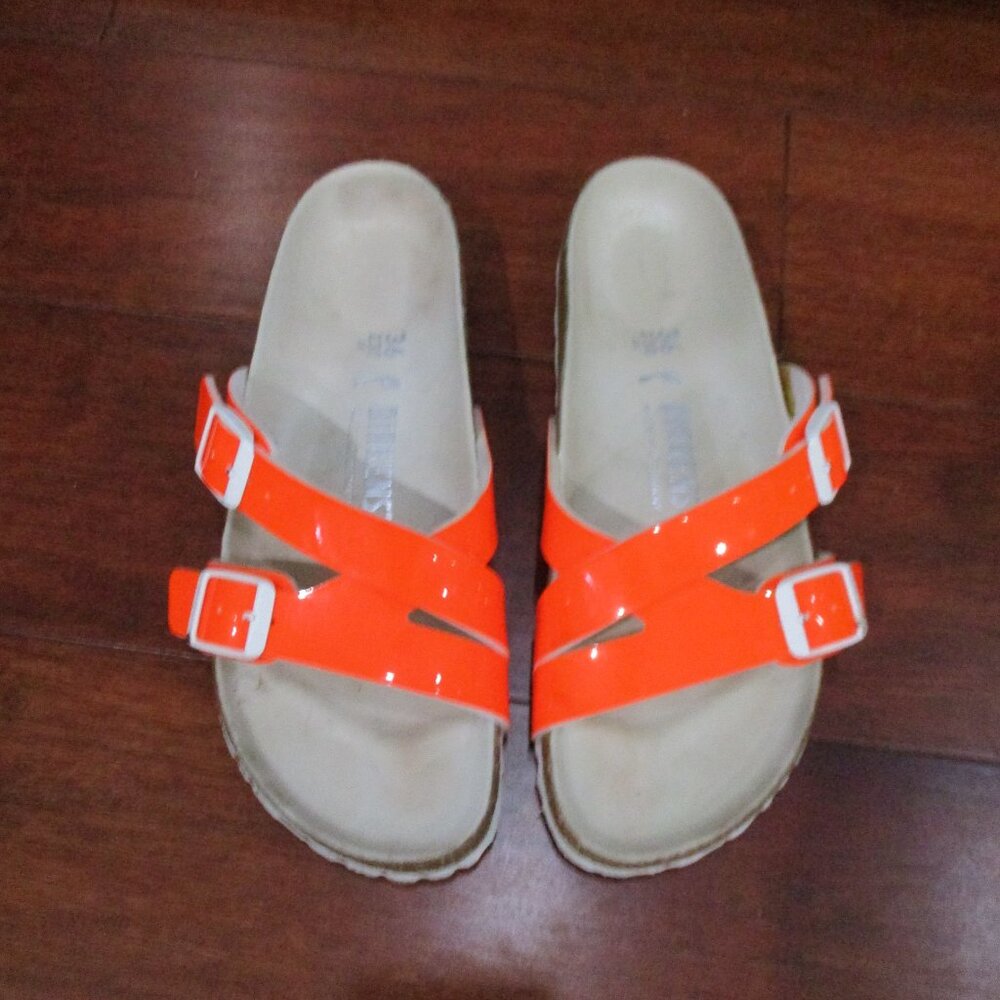 Birkenstock Orange Patent White Buckle Sandals - Picture 2 of 11